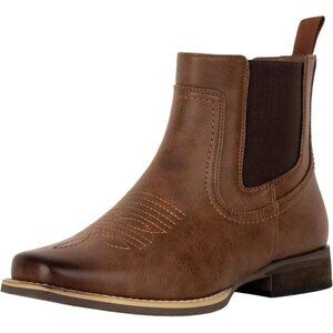 🆕 Men's Brown Faux Leather Square Toe Chelsea Cowboy Boots Retro Casual